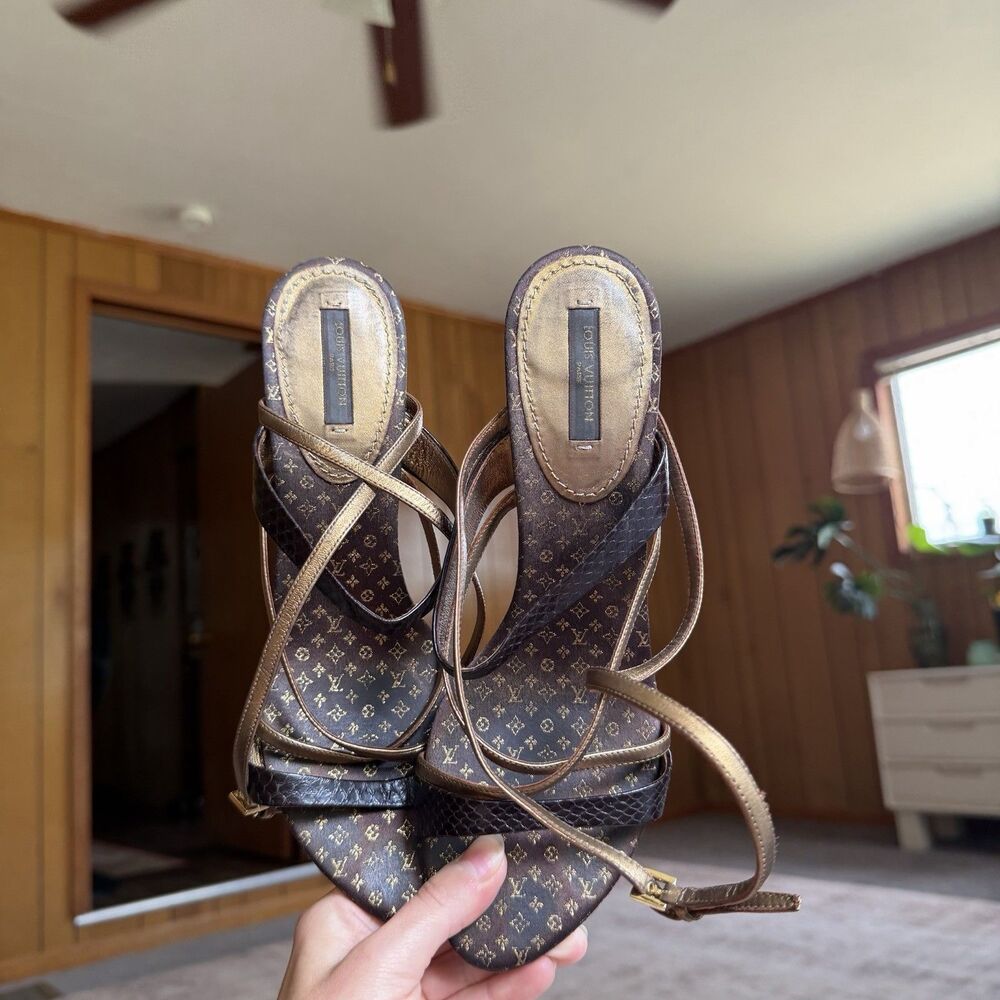Louis Vuitton Brown Python And Metallic Gold Leather Strappy Sandals Size 39 - Picture 6 of 16